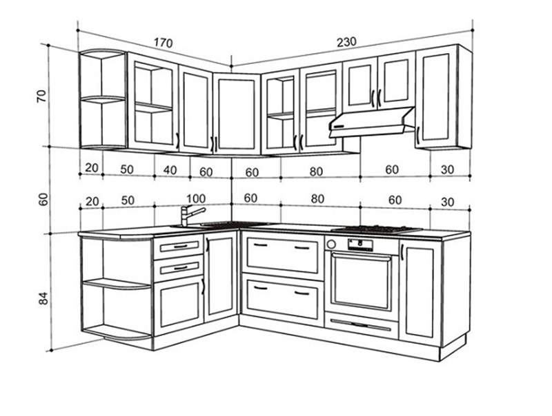 Chia khoang ngăn tầng tủ bếp dựa trên phụ kiện máy móc đi kèm
