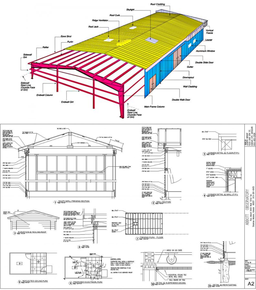 Bản vẽ ứng dụng của sản phẩm hộp mạ kẽm trong công trình nhà tiền chế.