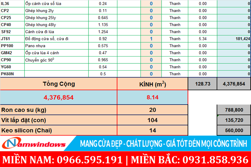 Bảng tính nguyên liệu sản xuất cửa nhựa lõi thép cửa nhôm kính