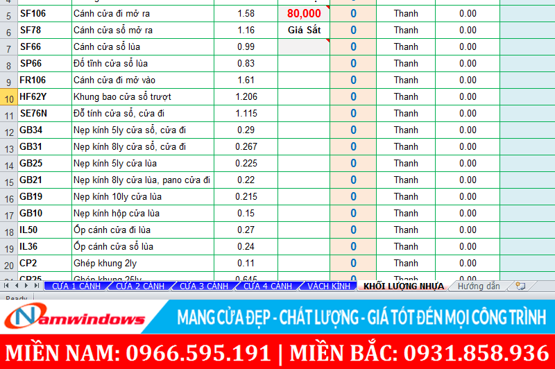 Các sheet trong bảng tính nguyên liệu