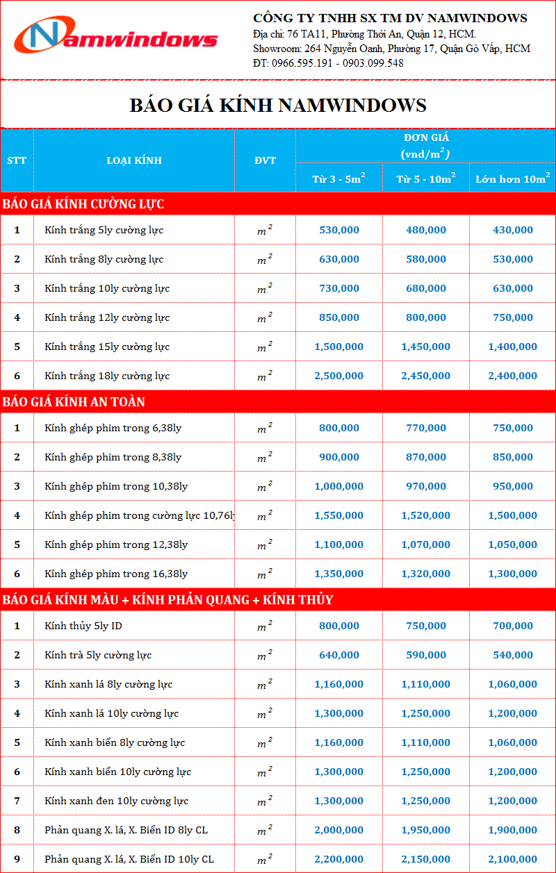 Báo giá cửa kính cường lực Namwindows năm 2019