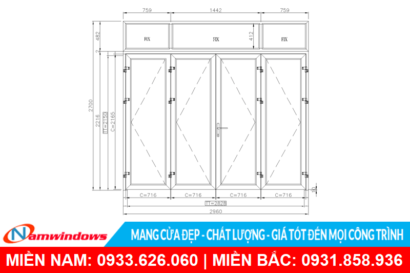 Kích thước cửa nhôm Xingfa 4 Cánh