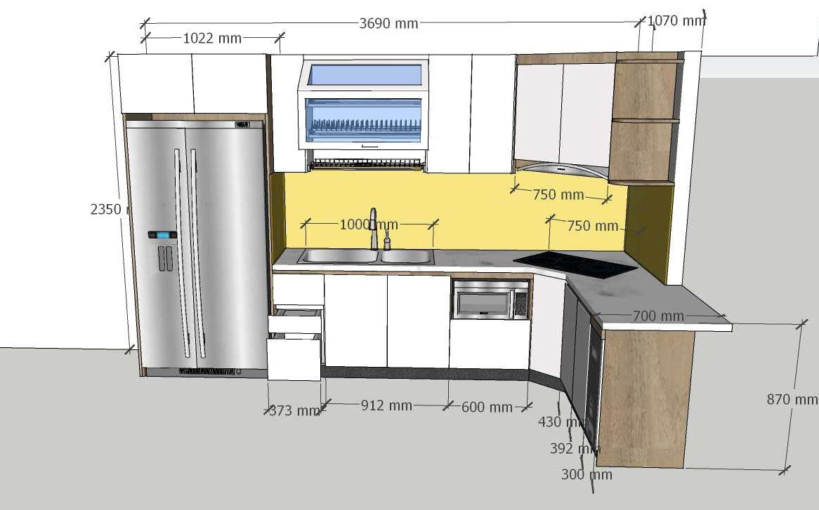 Kích thước tử bếp hình L mẫu 2