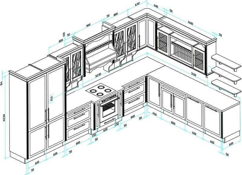 Kích thước tử bếp hình L mẫu 3