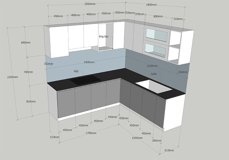 Kích thước tử bếp hình L mẫu 4