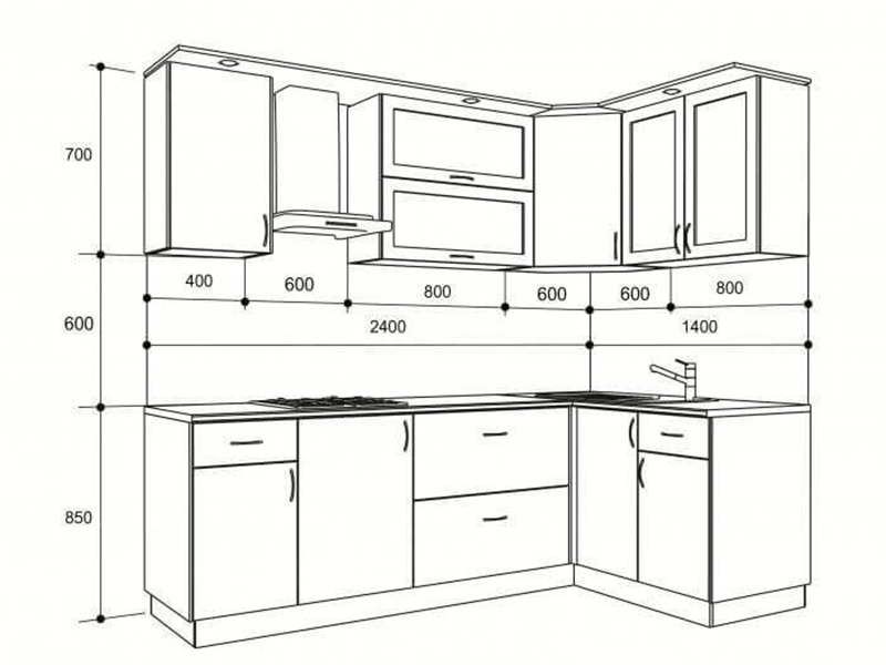 Kích thước tử bếp hình L mẫu 5