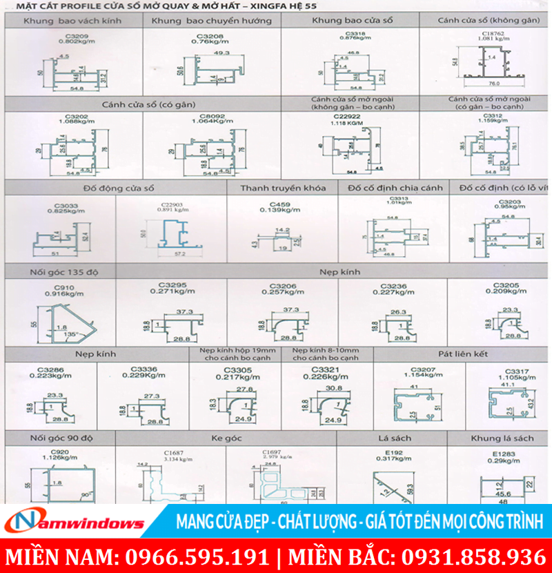 Mặt cắt cửa sổ mở quay hất Xingfa hệ 55