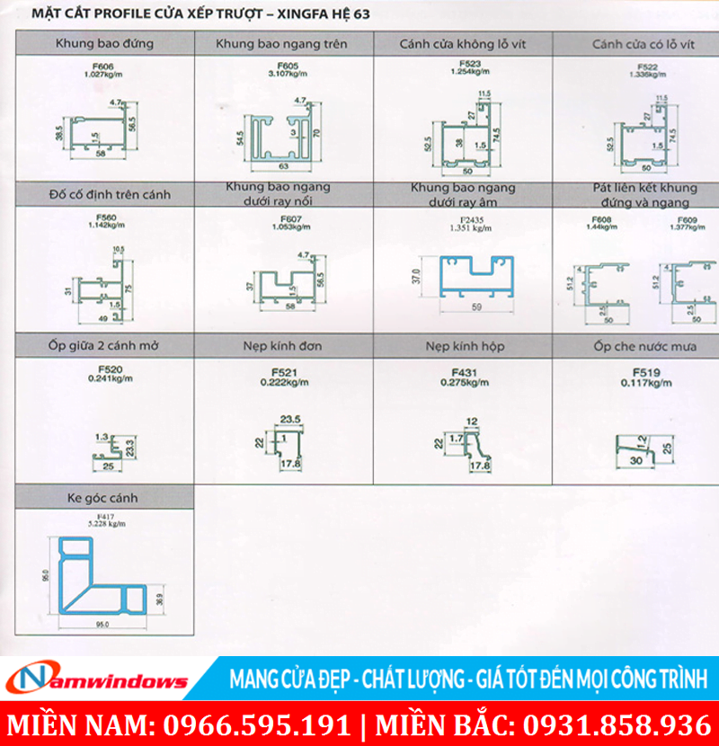 Mặt cắt cửa đi xếp trượt Xingfa hệ 63