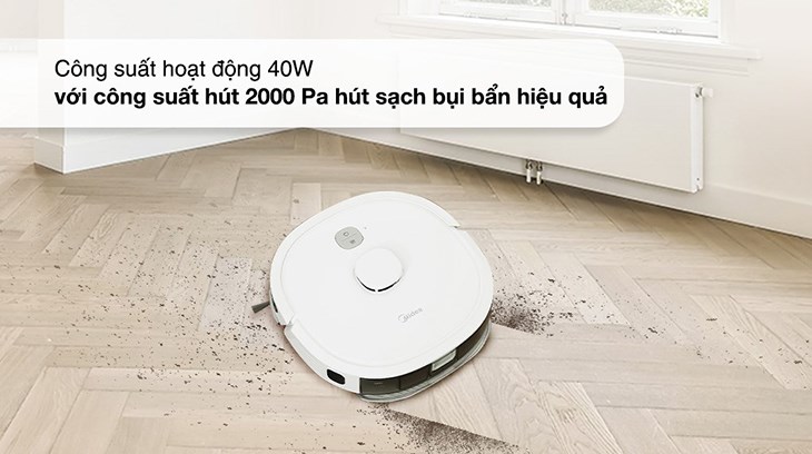 Robot hút bụi lau nhà Midea M6 có công suất hoạt động 40W cùng công suất hút 2000 Pa mang đến khả năng làm sạch sâu