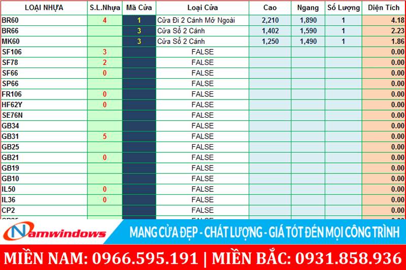 Phần mềm tính nguyên liệu cửa nhựa lõi thép và cửa nhôm kính