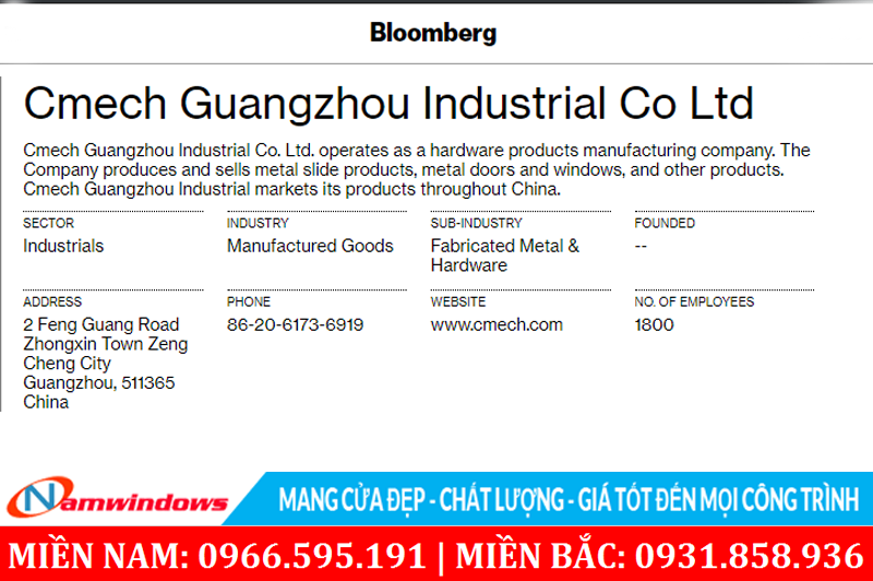Thông tin phụ kiện cửa nhôm Xingfa hãng Cmech từ tổ chức tài chính Bloomberg